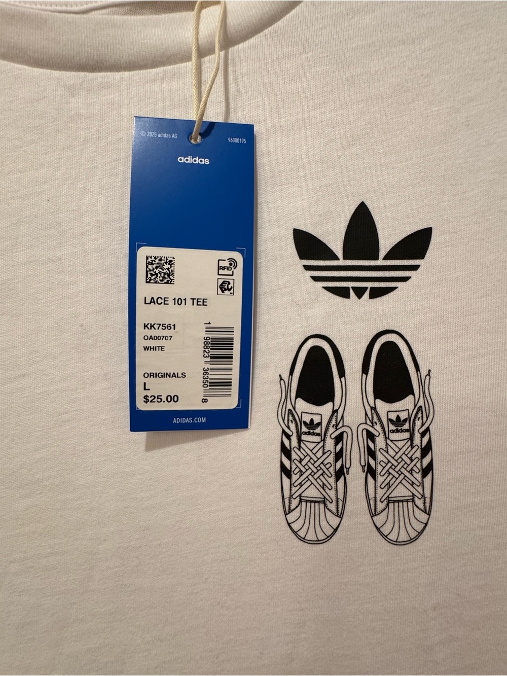 adidas White T-Shirt with Black Trefoil and Sneaker Print - Boy Size L. - Picture 2 of 5